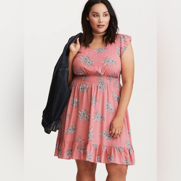 torrid Dresses & Skirts - TORRID Pink Floral Cap Sleeve Dress in Plus Size 2 Sundress Ruffle Hem